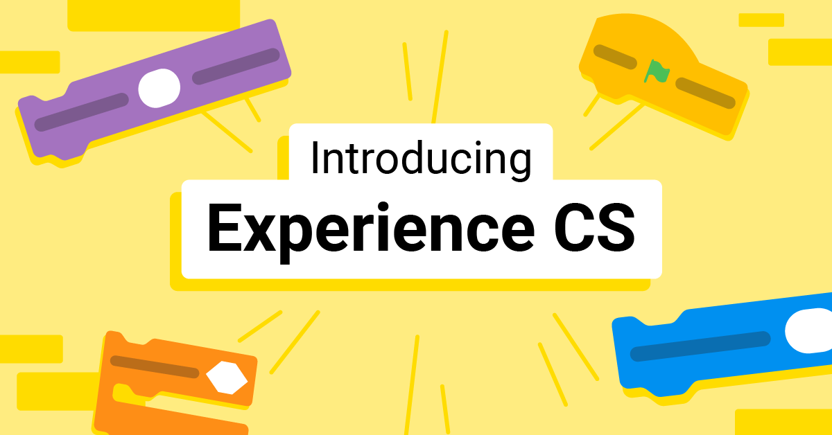 A vibrant yellow background with the text "Introducing Experience CS" centered. Four colorful, abstract shapes resembling coding blocks in purple, yellow, orange, and blue are placed around the text.