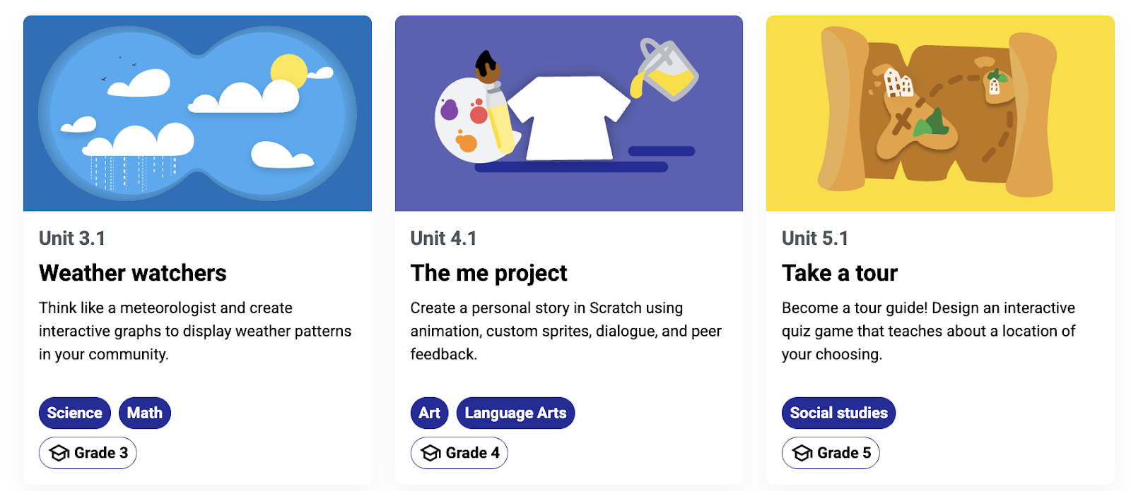 Three educational unit cards are displayed: "Weather watchers", "The me project" and "Take a tour”.