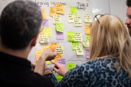 Three people look at sticky notes on a whiteboard.