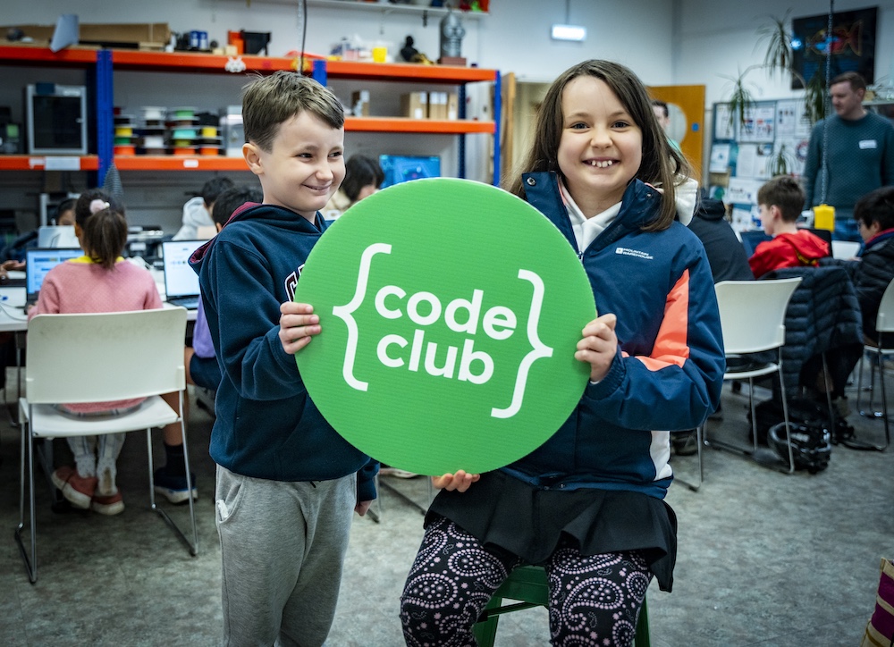 Two young coders at a Code Club.