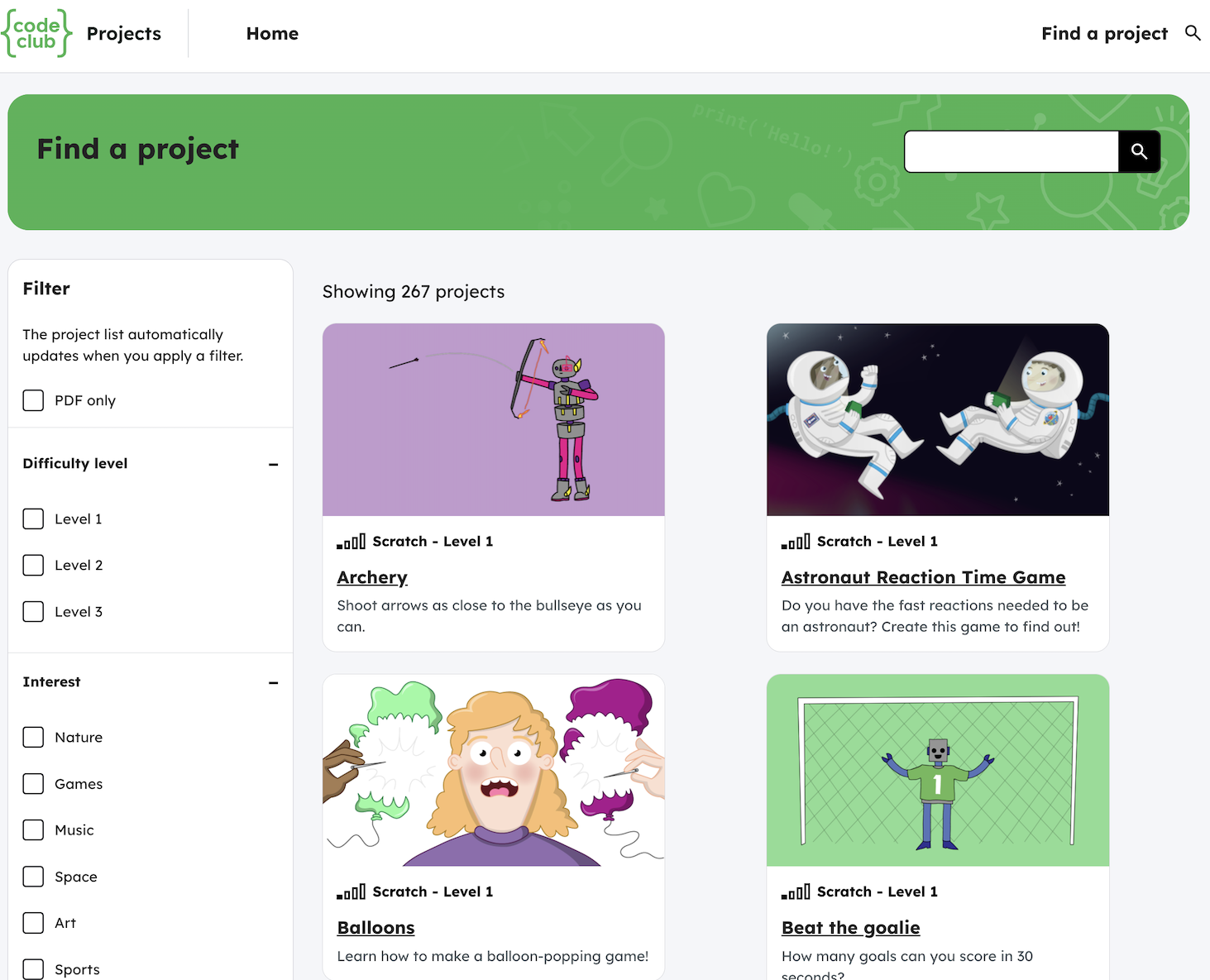 Screenshot of level on project card and filters