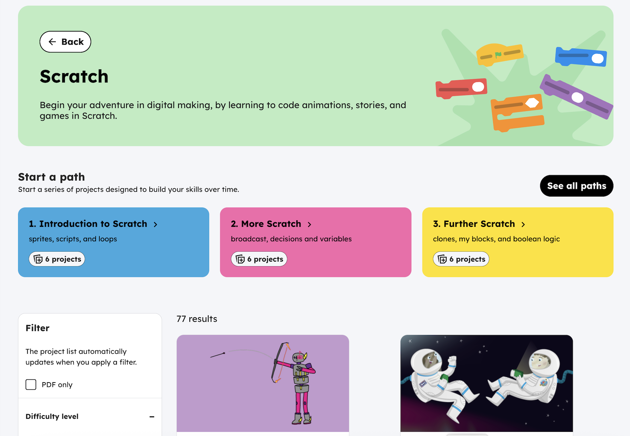 Screenshot of different Technology categories on the Code Club Projects site.