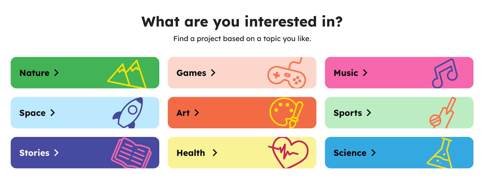 Screenshot of different Interest categories on the Code Club Projects site.