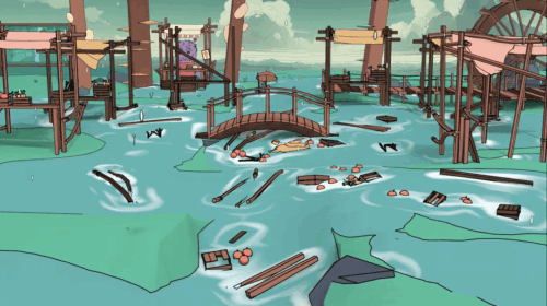 Graphic of the flooded marketplace from the Market Marshes quest on AI Quests.