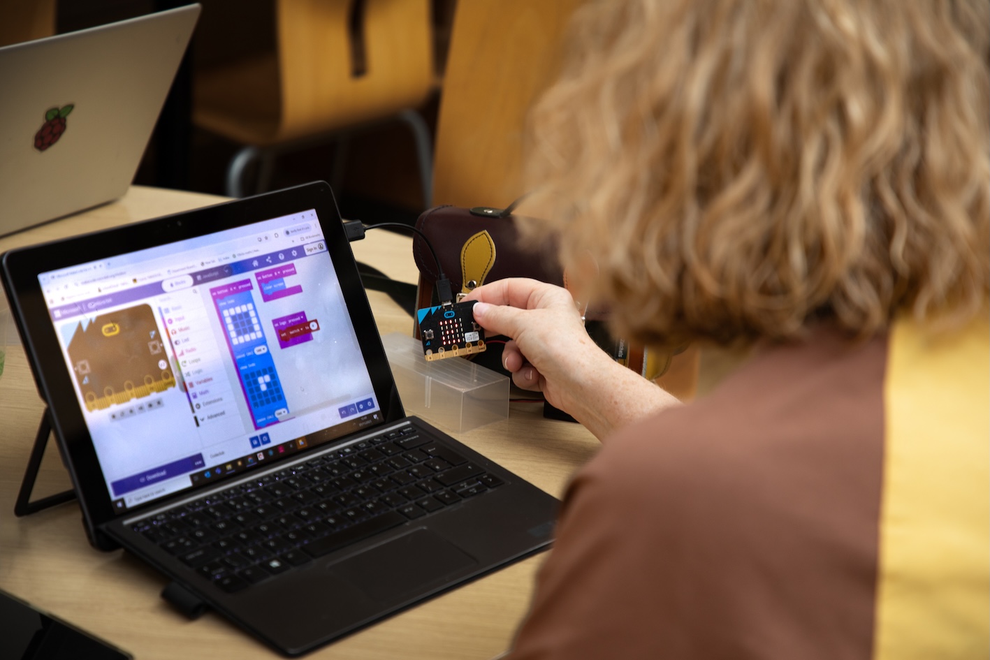 Educator in a workshop, using a micro:bit 
