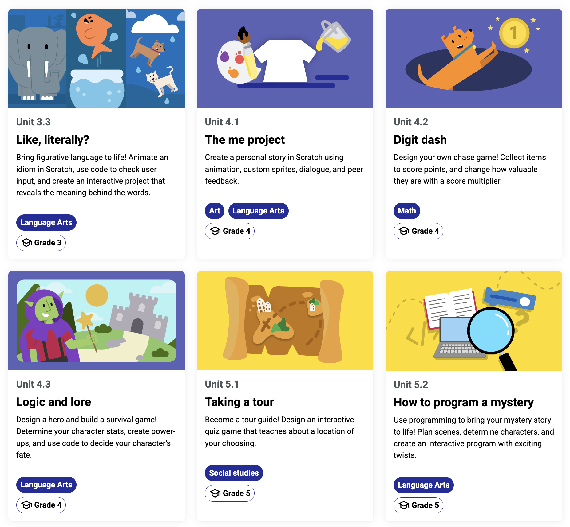 The six final units shown on the Experience CS curriculum page.

