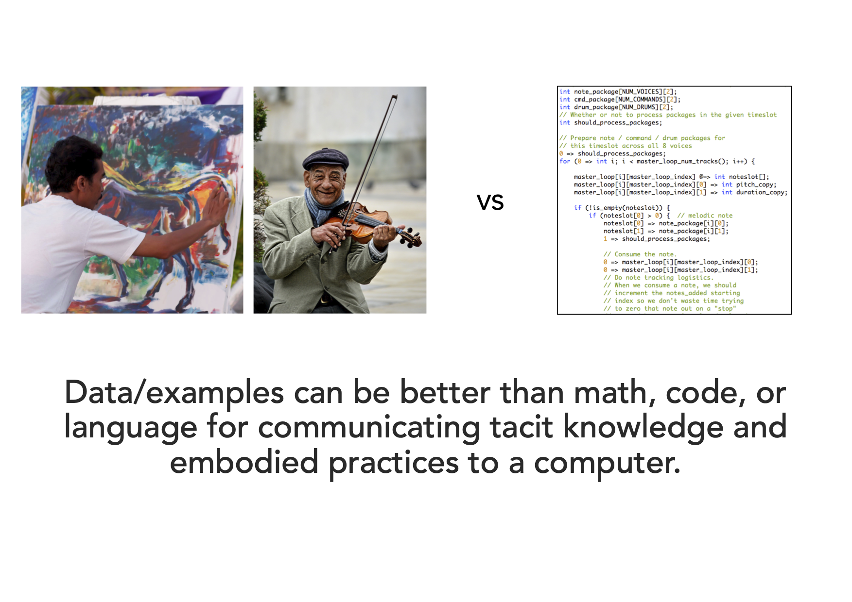 Contrasting pictures of painting and violin playing compared to a snapshot of code.