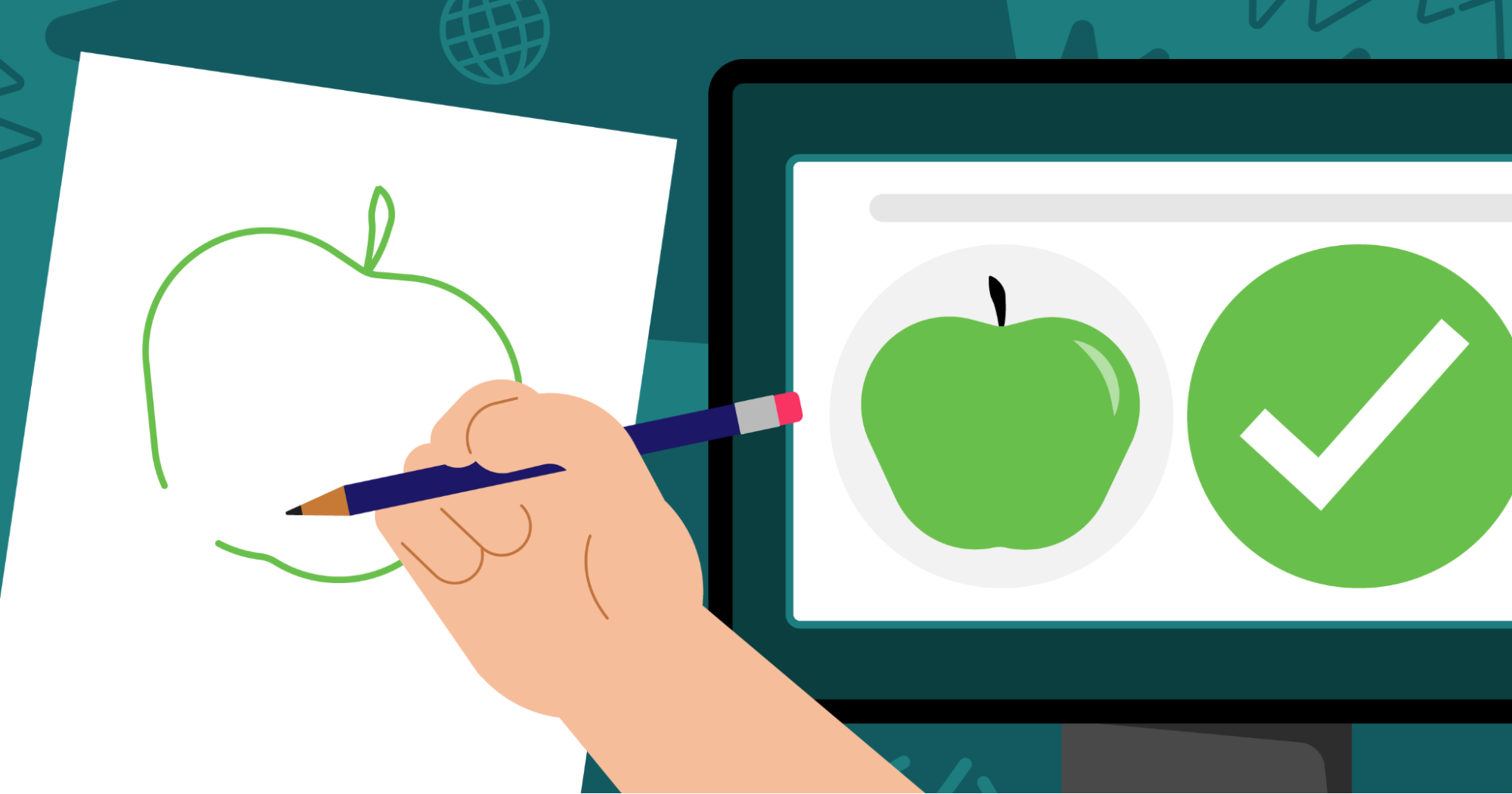 An illustration of an image classification application correctly identifying a drawing of an apple.
