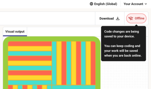 A screenshot of the message the Code Editor shows when it is being used offline.