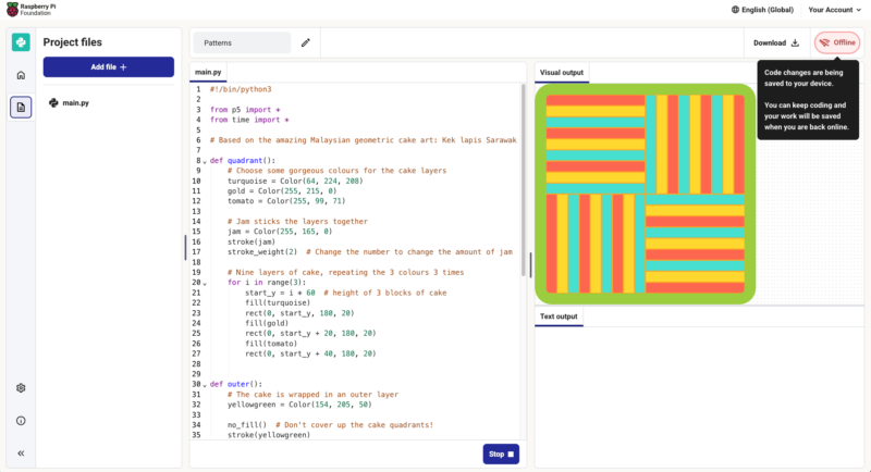 A screenshot of the Code Editor being used without internet connection.