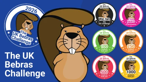 A cartoon beaver next to some digital badges for the Bebras Challenge.