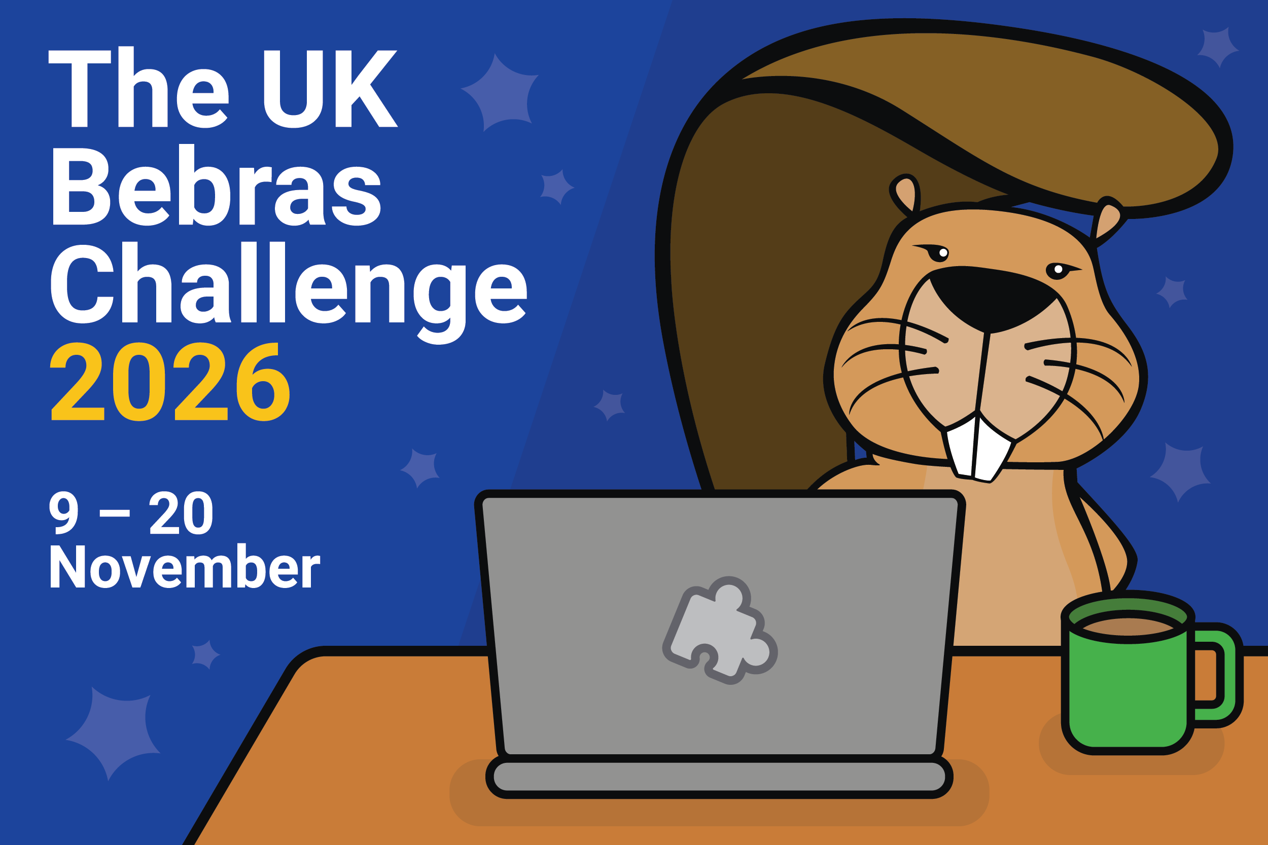 A cartoon beaver using a laptop with text that reads "The UK Bebras Challenge 2026: 9-20 November".