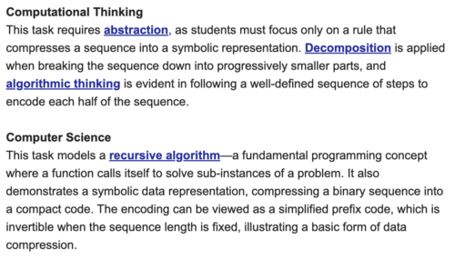 Text that reads: "Computational thinking: this task requires abstraction, as students must focus only on a rule that compresses a sequence into  a symbolic representation. Decomposition is applied when breaking the sequence down into progressively smaller parts, and algorithmic thinking is evident in following a well-defined sequence of steps to encode each half of the sequence. Computer science: this task models a recursive algorithm - a fundamental programming concept where a function calls itself to solve sub-instances of a problem. It also demonstrated a symbolic data representation, compressing a binary sequence into a compact code. The encoding can be viewed as a simplified prefix code, which is invertible when the sequence length is fixed, illustrating a basic form of data compression."