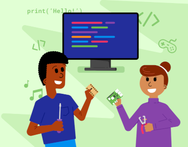 An illustration of two people holding Raspberry Pis in front of a screen