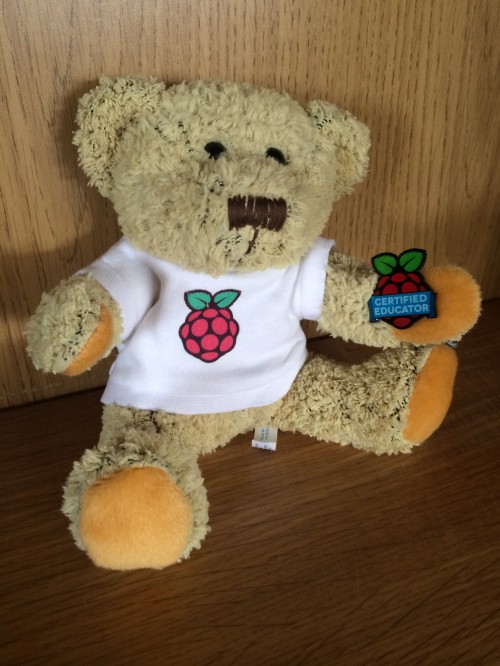 Babbage with his Raspberry Pi Certified Educator Badge