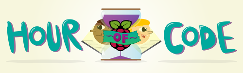"Hour of Code" banner with children coding and egg timer