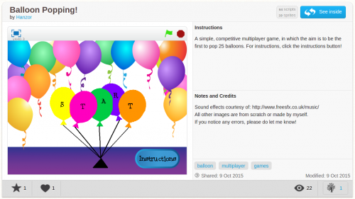 Screenshot of Balloon Popping, a game written by Hannah in Scratch