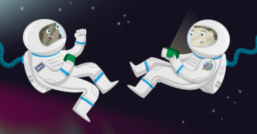 Two children wearing space suits play the Astronaut Reaction Time game, while floating in zero gravity!