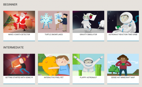 Part of our Hour of Code page, showing a selection of Beginner and Intermediate resources