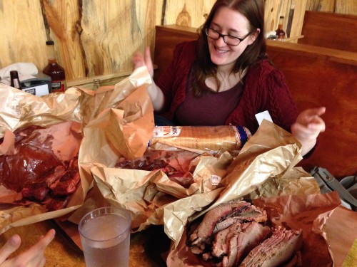 Liz took this picture of Rachel and most of the meat in Texas in Bastrop last year.