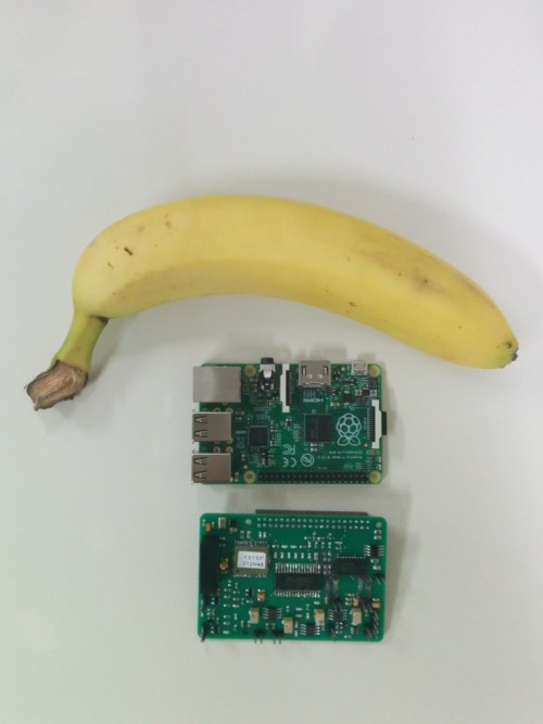 Cosmic Pi HAT prototype and Raspberry Pi, with banana