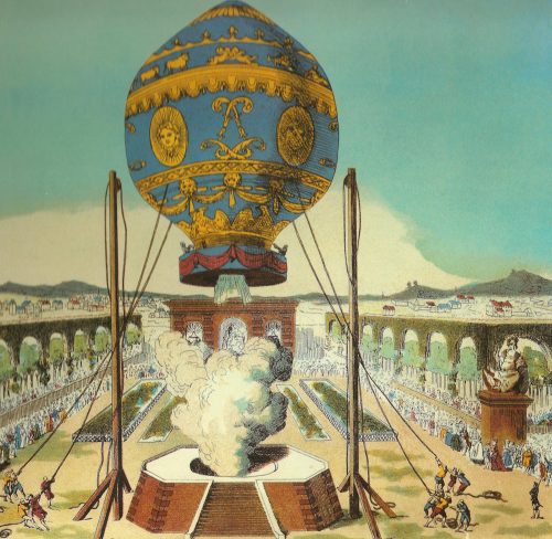 The Montgolfier brothers' first human-crewed balloon takes off at the Bois de Boulogne, Paris, on November 21, 1783