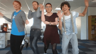 Happy Raspberry Pi Creative Technologists celebrate by dancing