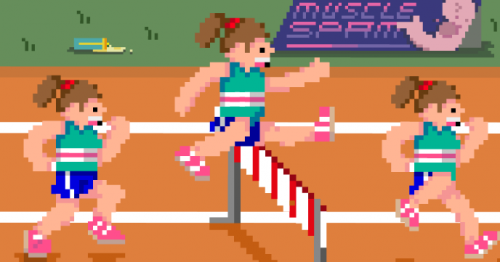 Pixellated athletes approach, leap and clear a hurdle on an athletics track