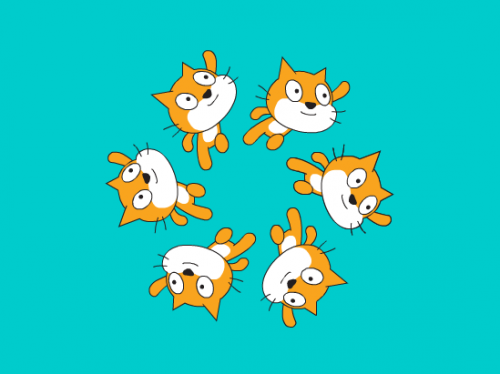 Six copies of the Scratch cat against an aqua blue background form a hexagonal synchronised swimming formation