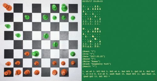 Image of Raspberry Turk chessboard with Python script alongside
